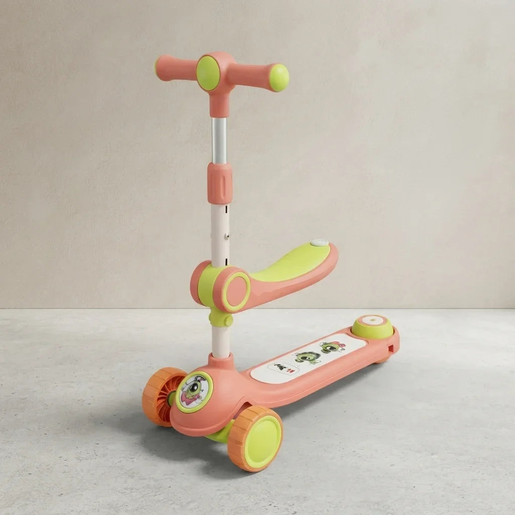 2-in-1 kids scooter with seat in coral and lime green, front angle view