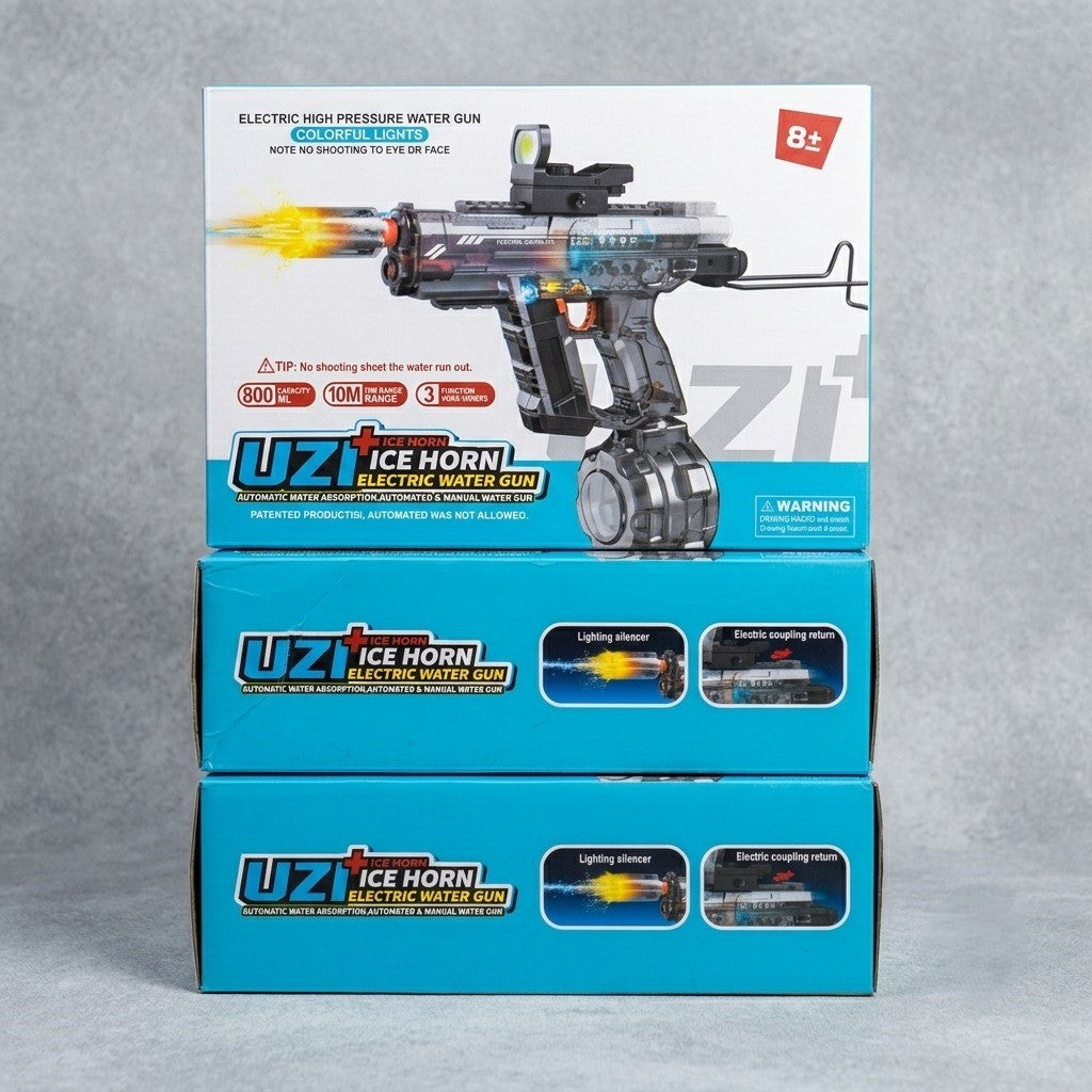 Uzi Ice Horn Electric High-Pressure Water Gun – Automatic Water Blaster with LED Lights &amp; Blowback Action (800ml)