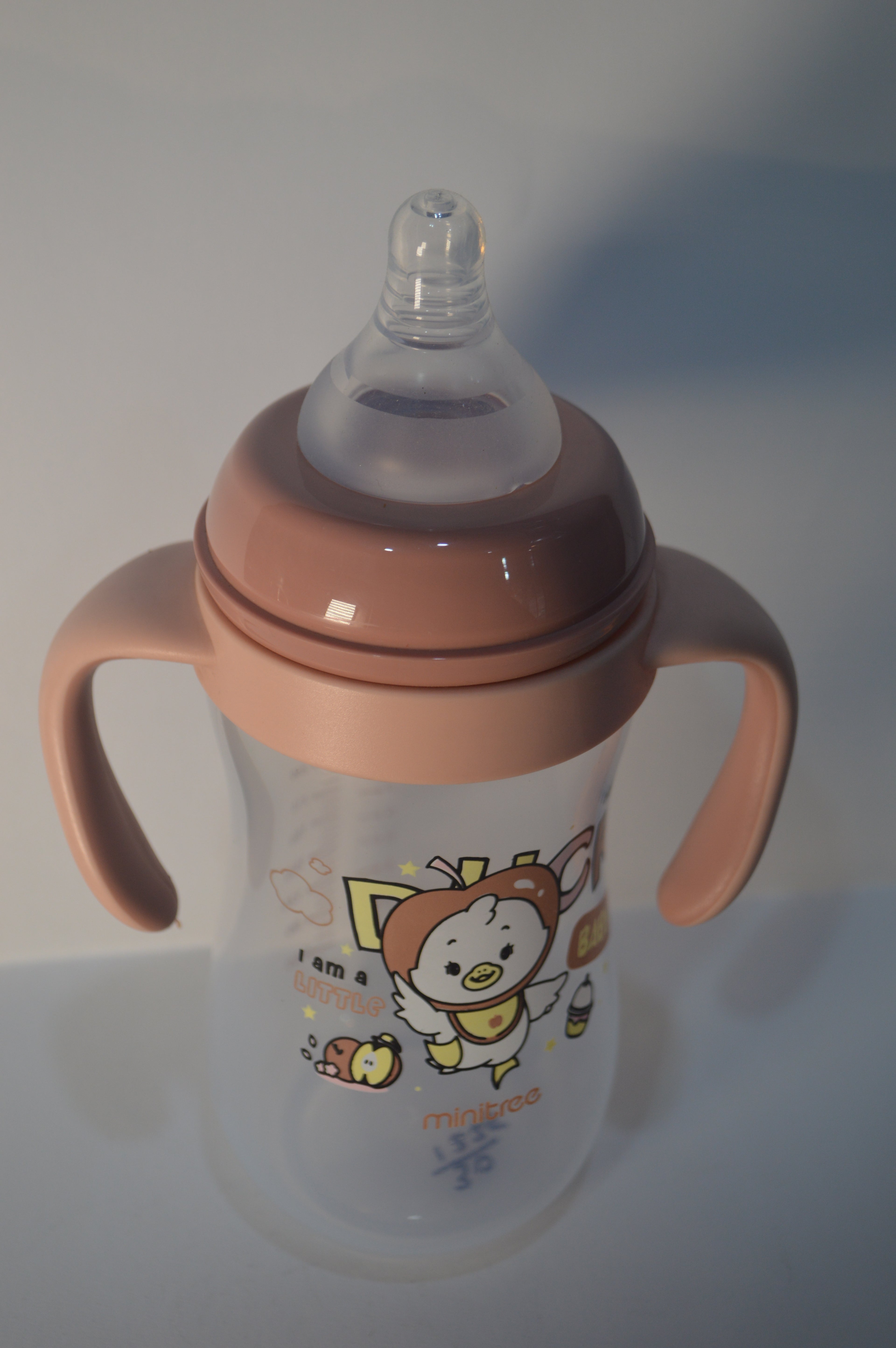 Minitree "Little Duck" Baby Feeding Bottle with Twin Handles – Peach Pink (240ml)