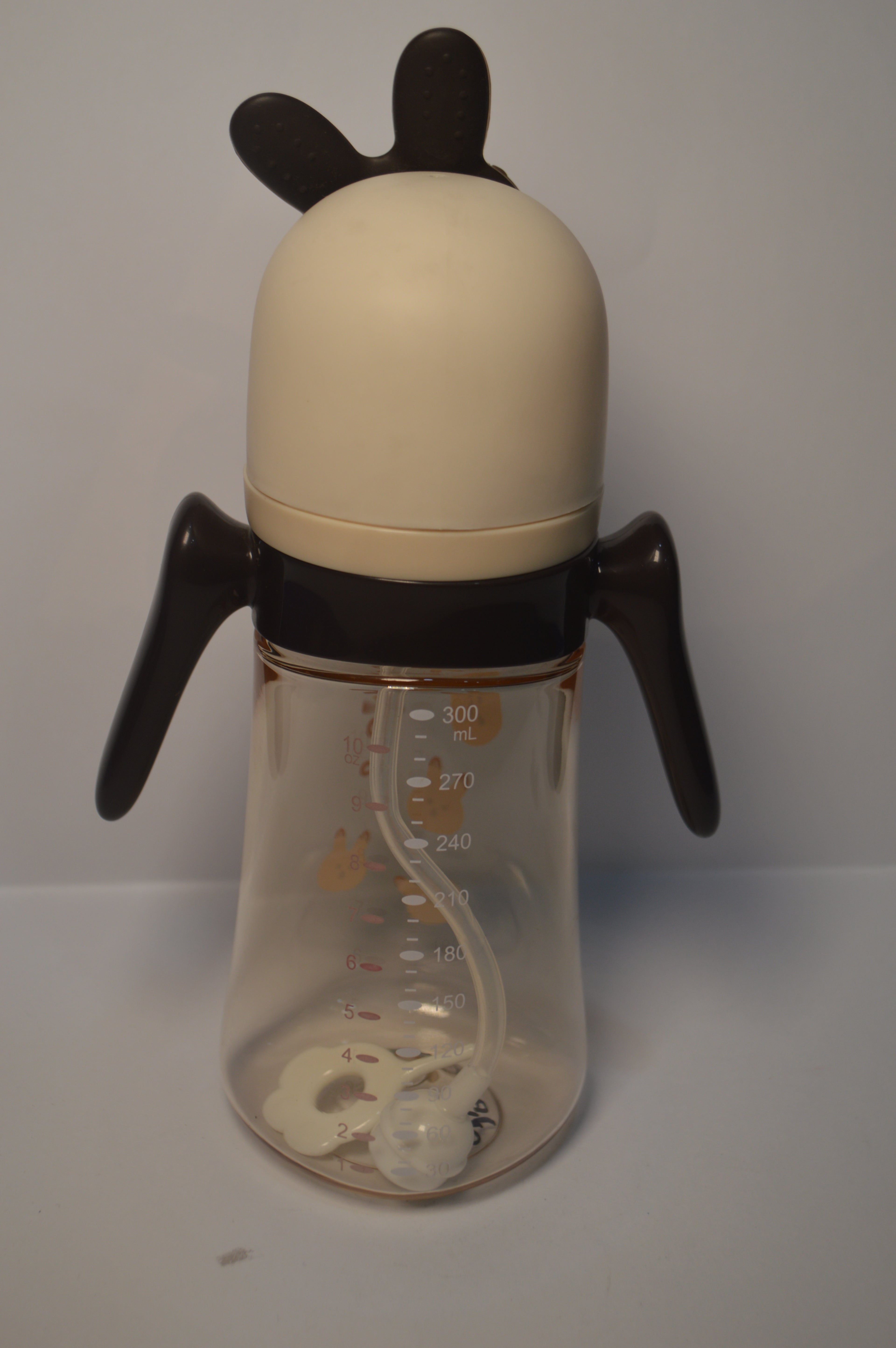 Little Bunny Easy-Grip Baby Sippy Cup with Straw &amp; Weighted Ball – Dark Brown/Cream (300ml)