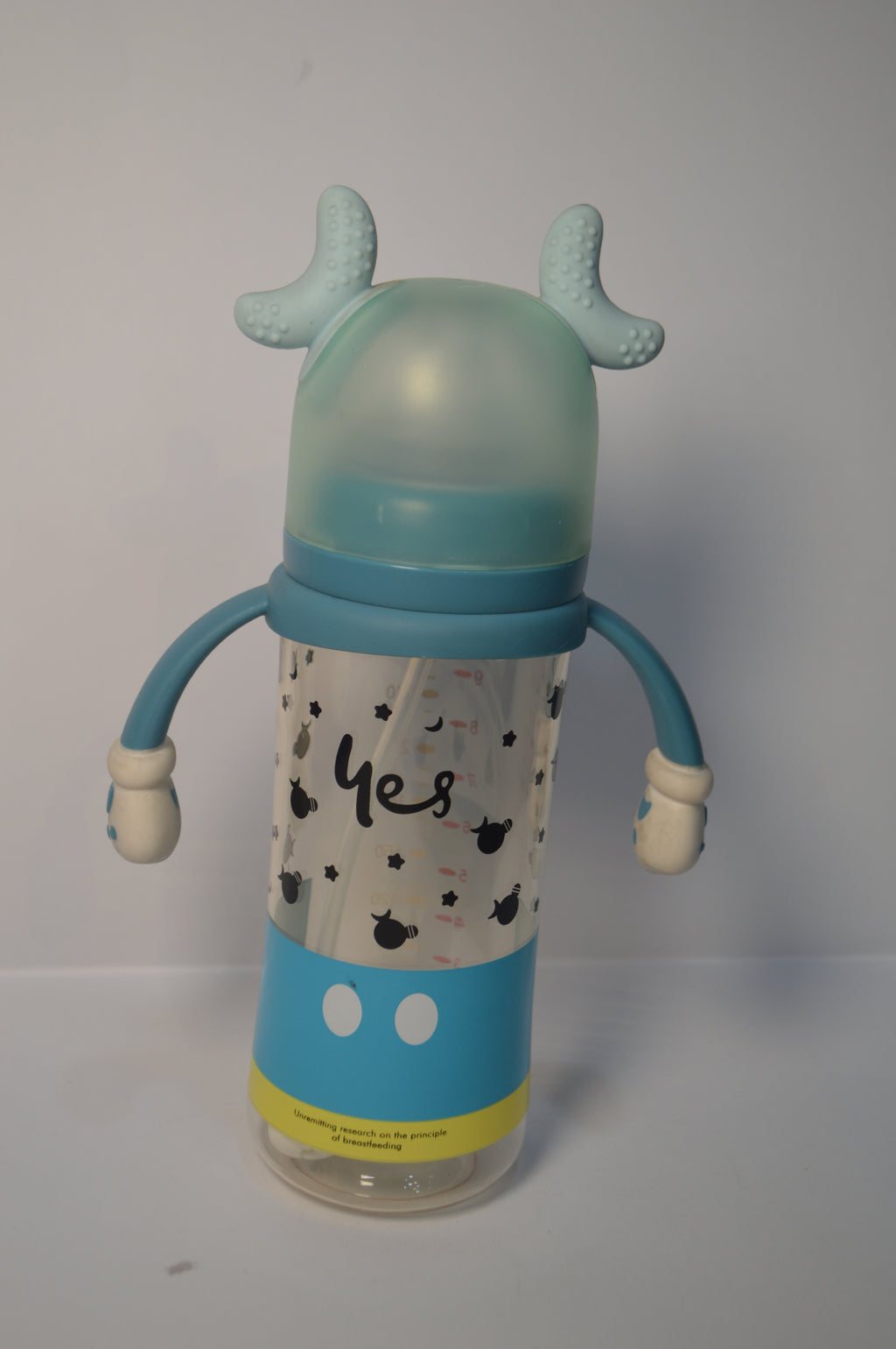 Mickey Mouse Inspired Baby Straw Bottle with Easy-Grip Glove Handles &amp; Teething Cap (Blue, 300ml)