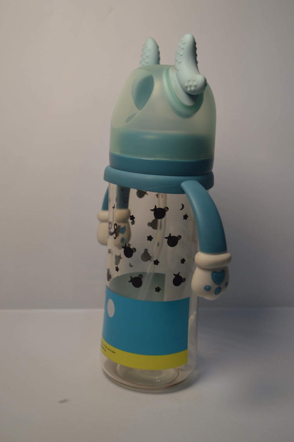 Mickey Mouse Inspired Baby Straw Bottle with Easy-Grip Glove Handles &amp; Teething Cap (Blue, 300ml)