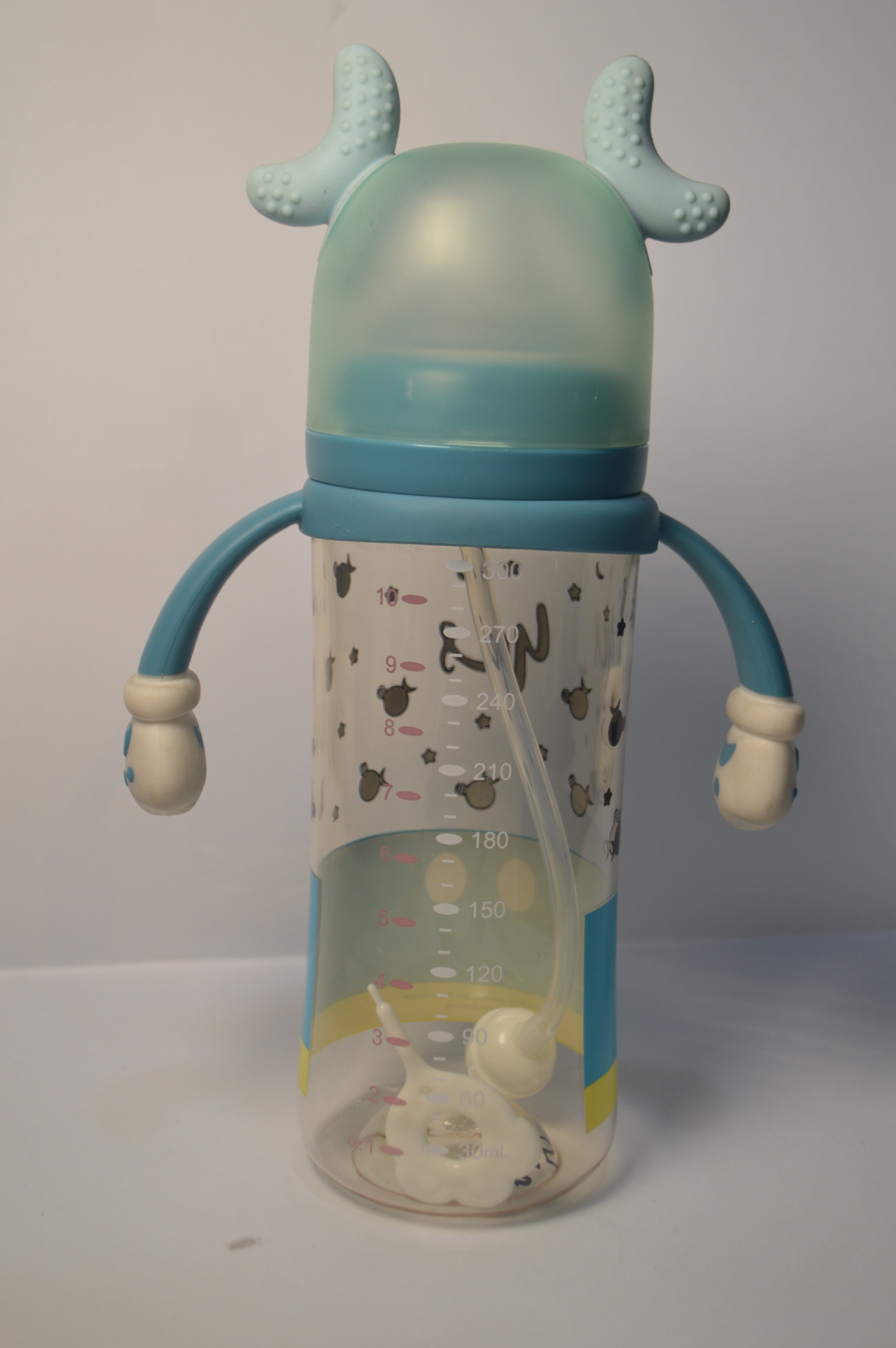 Mickey Mouse Inspired Baby Straw Bottle with Easy-Grip Glove Handles &amp; Teething Cap (Blue, 300ml)