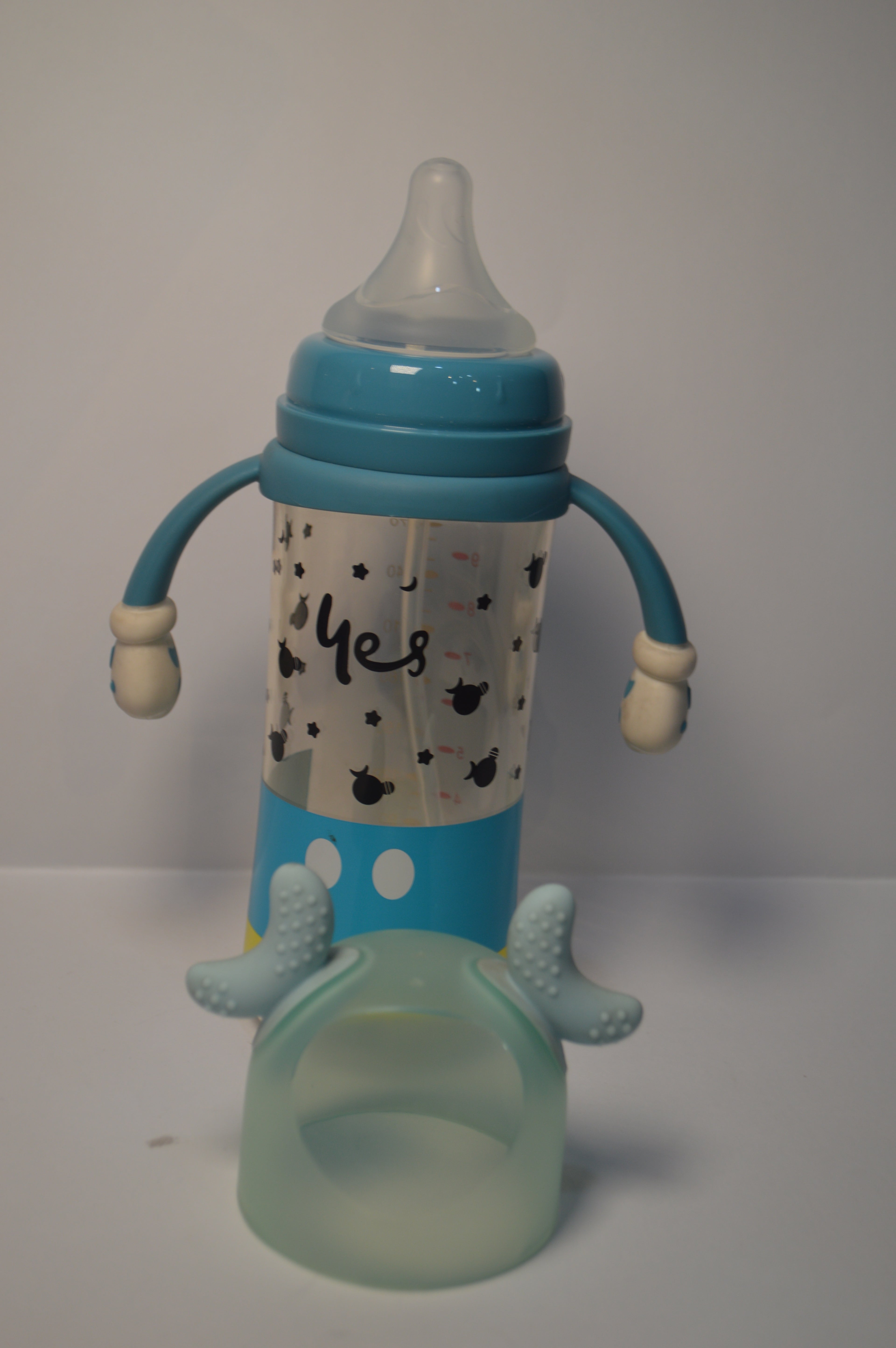 Mickey Mouse Inspired Baby Straw Bottle with Easy-Grip Glove Handles &amp; Teething Cap (Blue, 300ml)