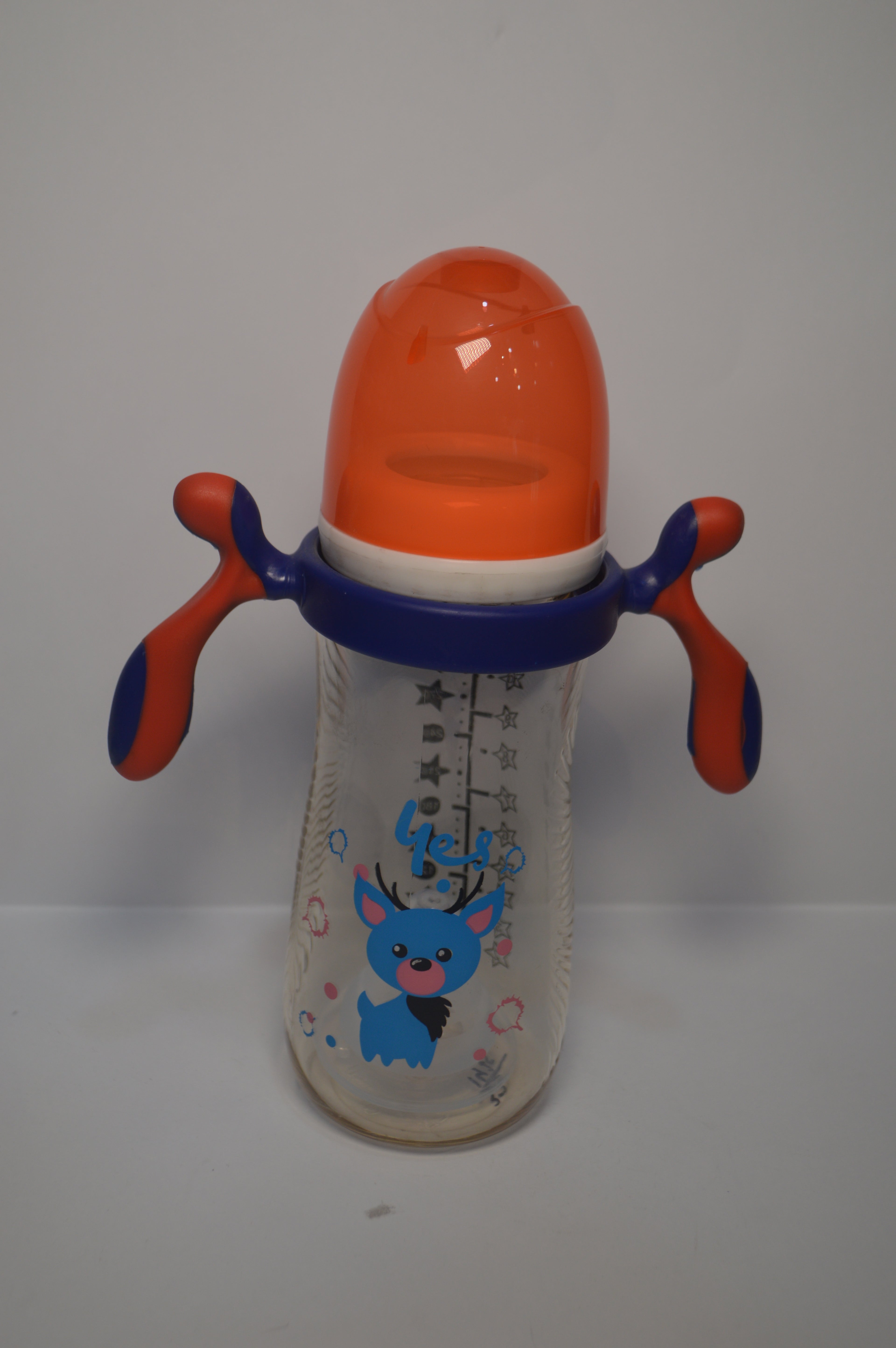 Ergonomic Cartoon Deer Baby Bottle – Blue &amp; Orange Large Infant Cup with Handles (330ml)