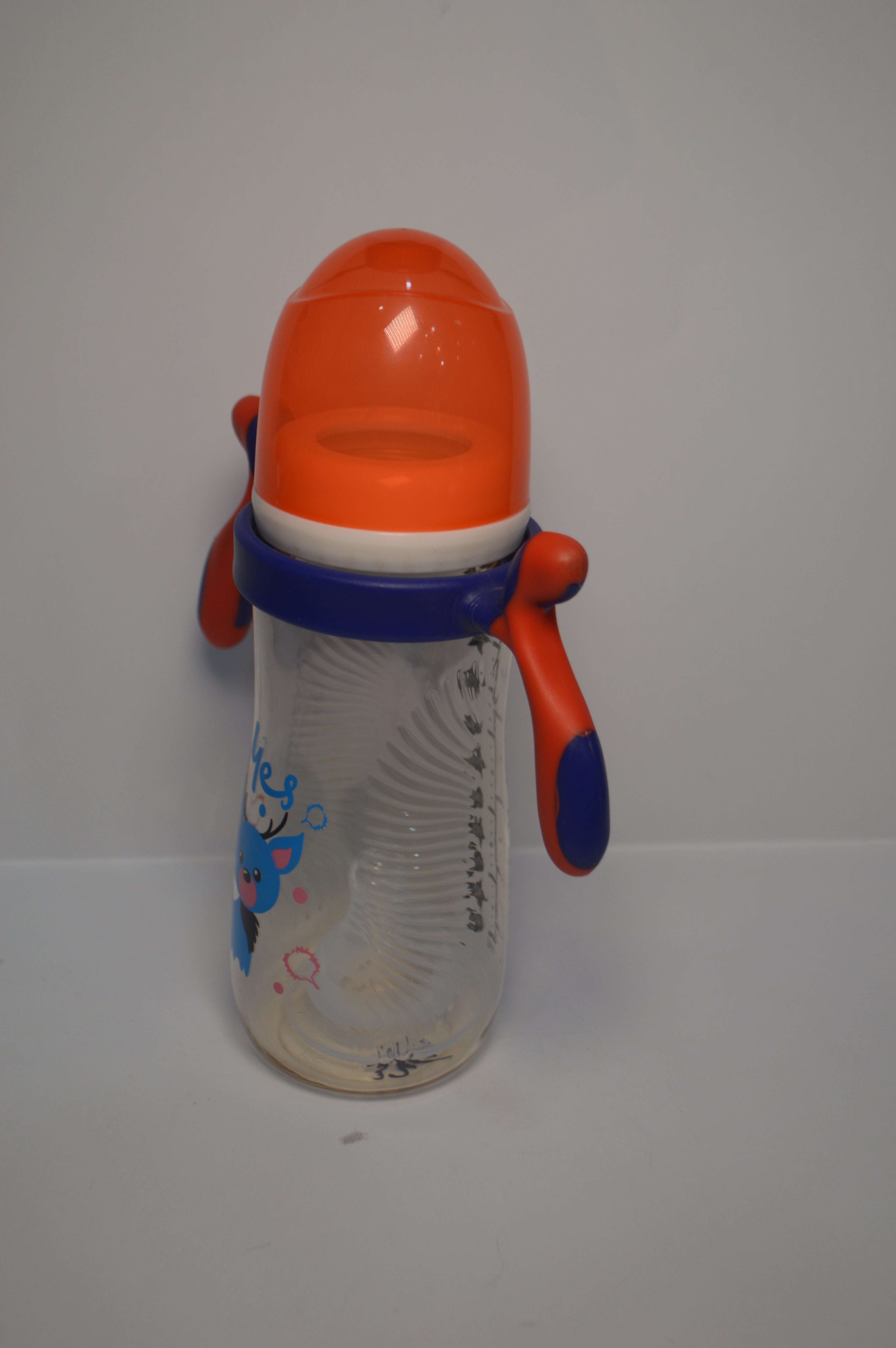 Ergonomic Cartoon Deer Baby Bottle – Blue &amp; Orange Large Infant Cup with Handles (330ml)