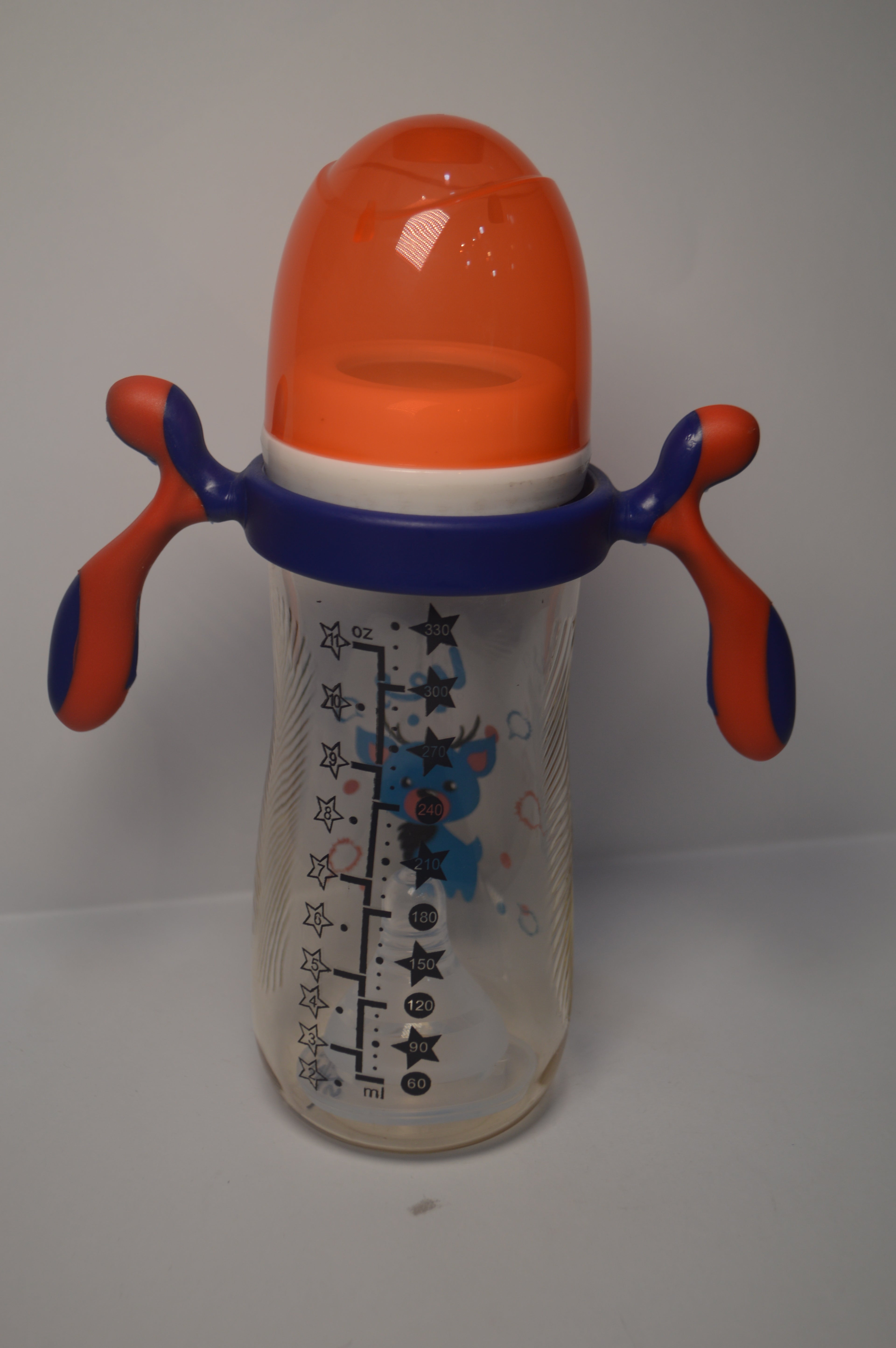 Ergonomic Cartoon Deer Baby Bottle – Blue &amp; Orange Large Infant Cup with Handles (330ml)