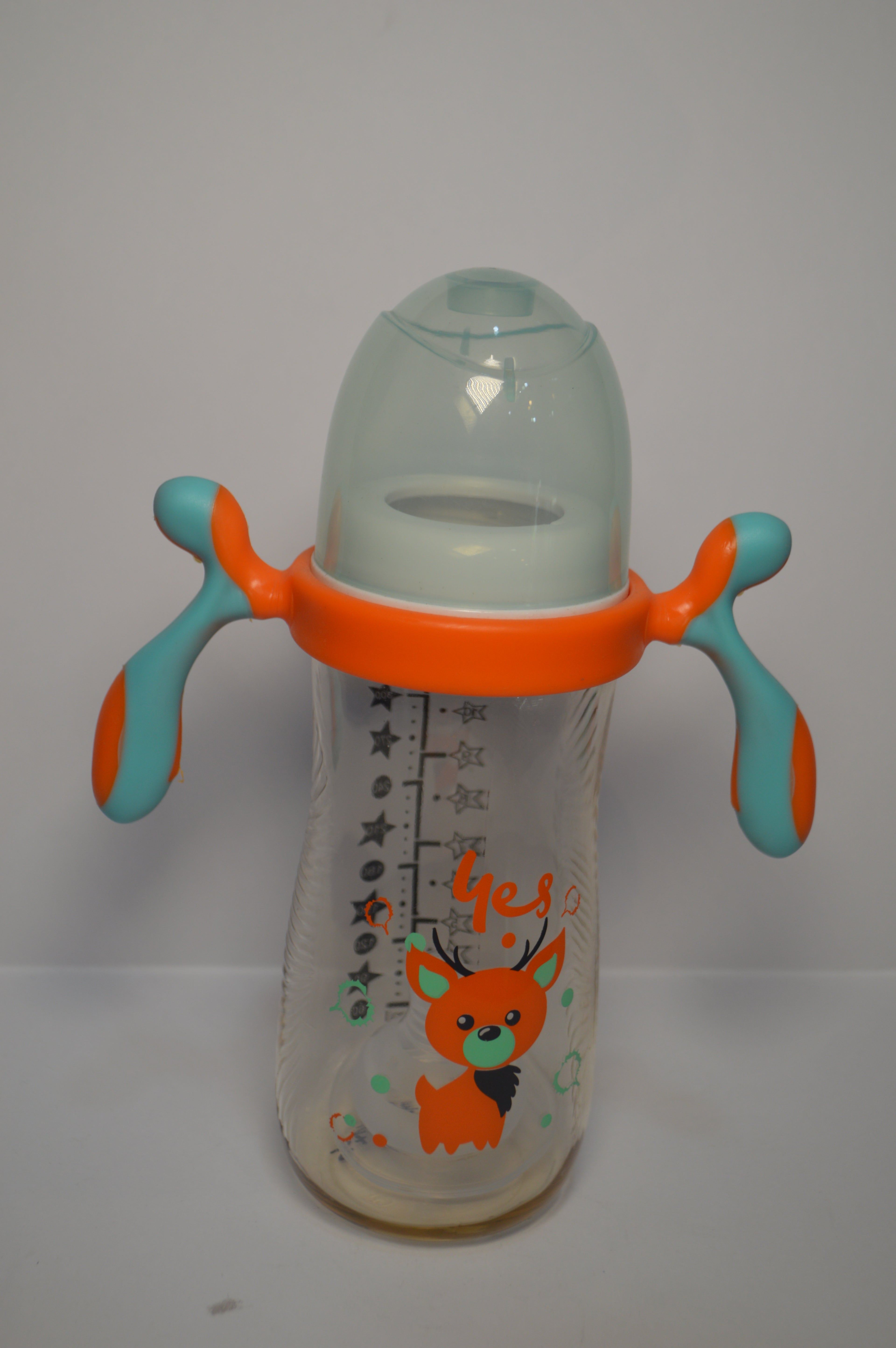 Ergonomic Cartoon Deer Baby Bottle – Blue &amp; Orange Large Infant Cup with Handles (330ml)