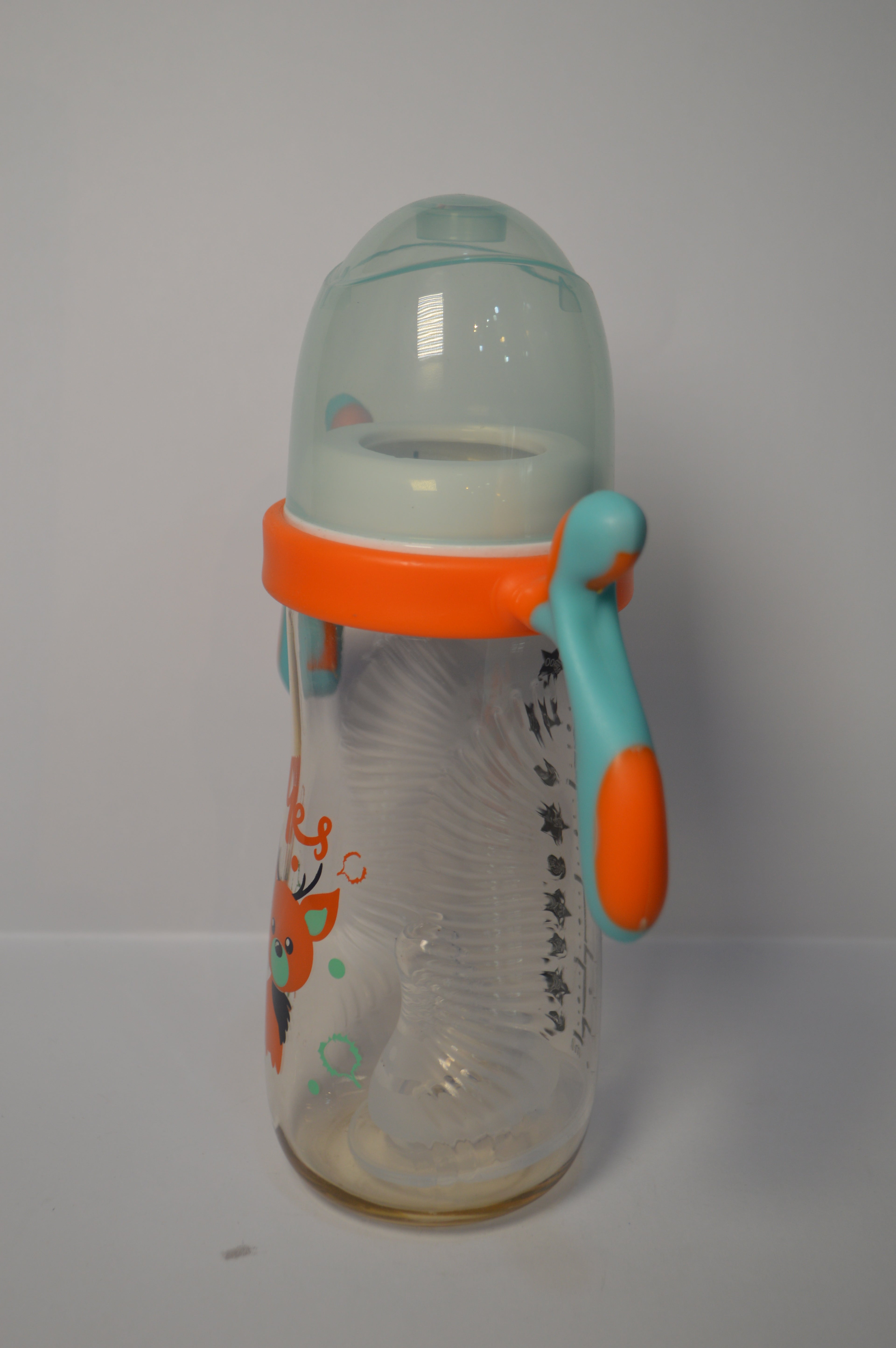 Ergonomic Cartoon Deer Baby Bottle – Blue &amp; Orange Large Infant Cup with Handles (330ml)