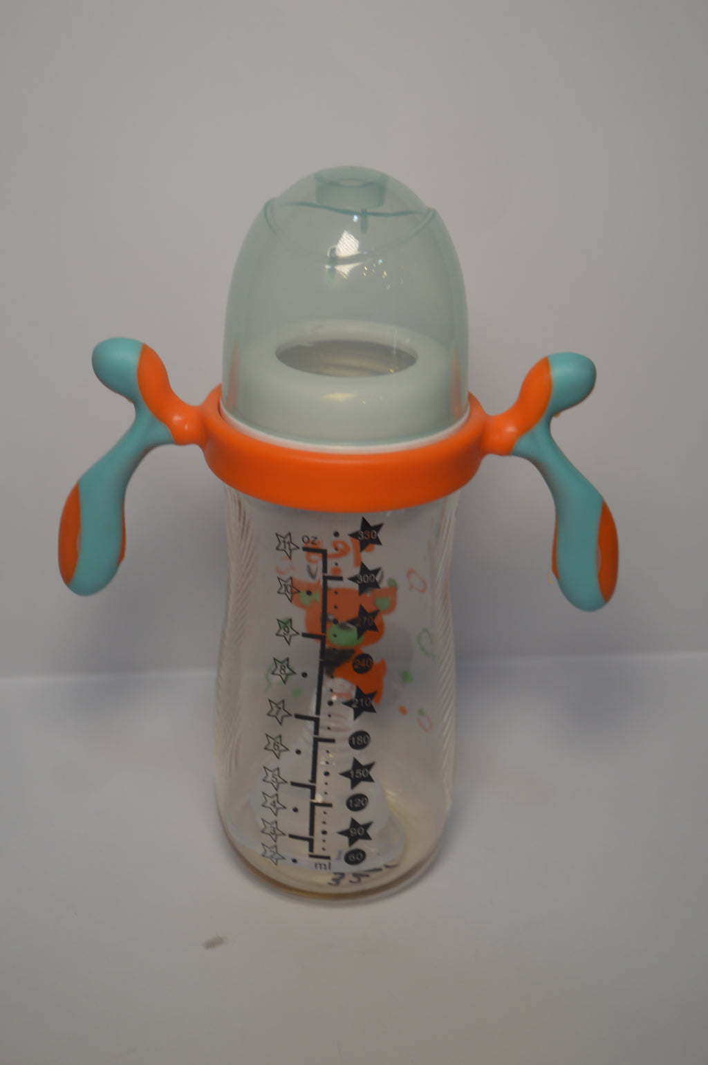 Ergonomic Cartoon Deer Baby Bottle – Blue &amp; Orange Large Infant Cup with Handles (330ml)
