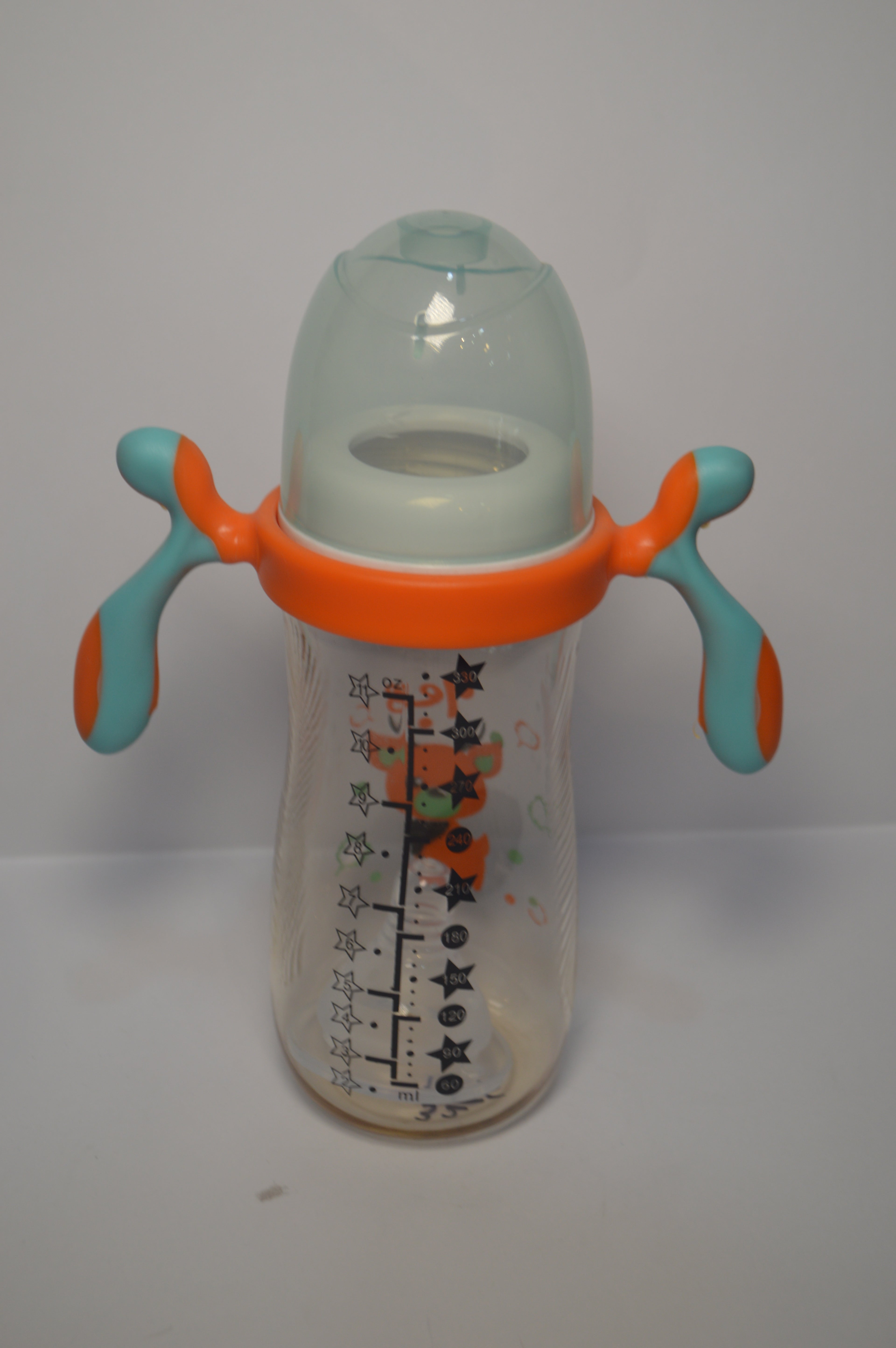 Ergonomic Cartoon Deer Baby Bottle – Blue &amp; Orange Large Infant Cup with Handles (330ml)