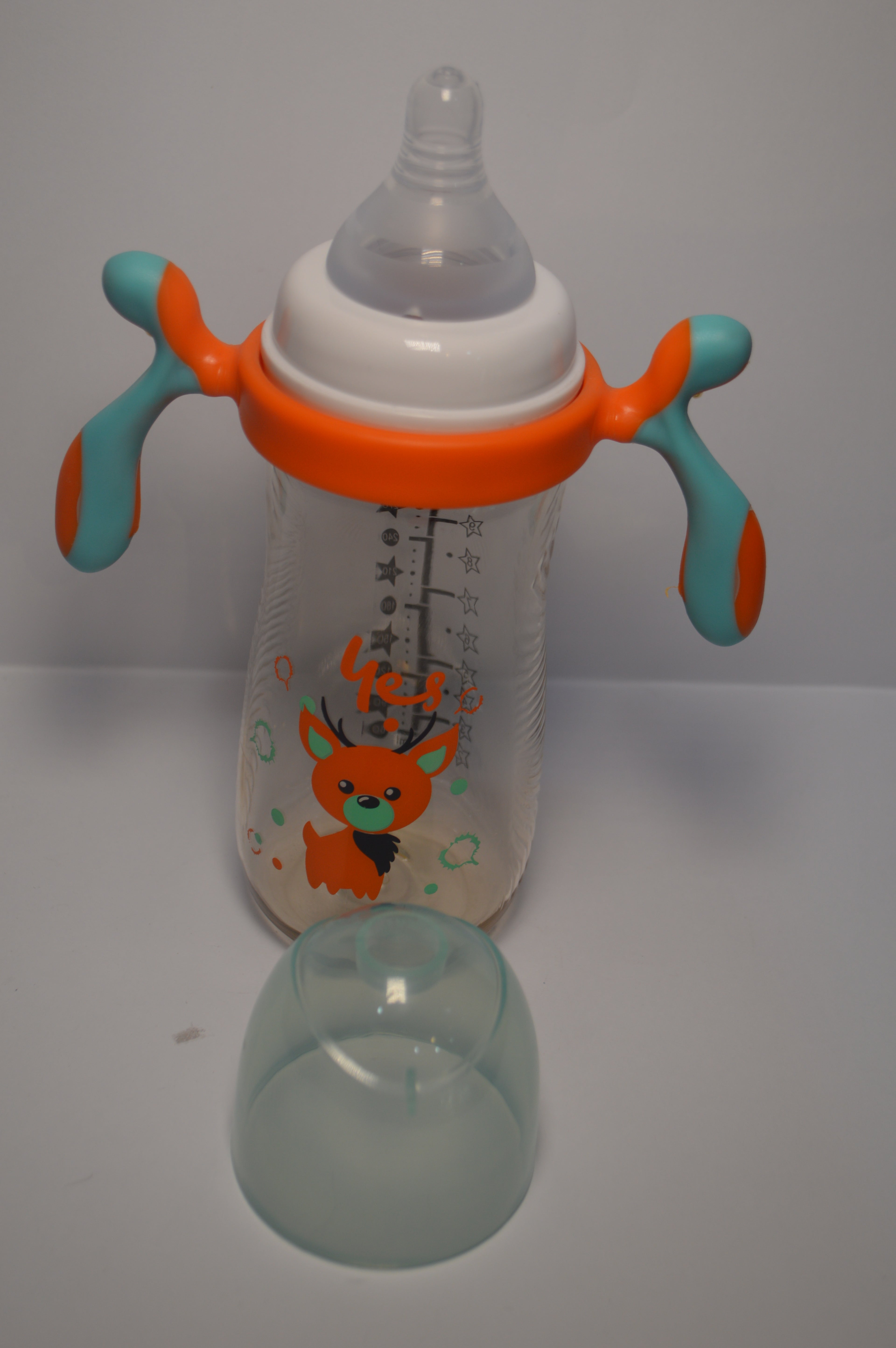 Ergonomic Cartoon Deer Baby Bottle – Blue &amp; Orange Large Infant Cup with Handles (330ml)