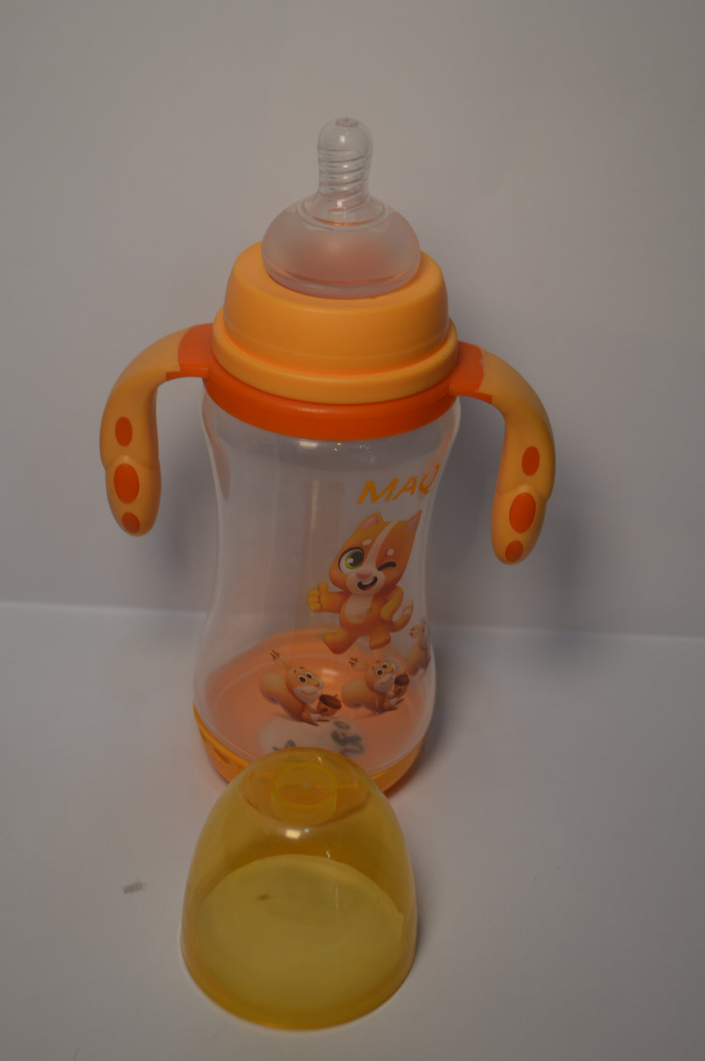 MAQ Playful Kitten Baby Feeding Bottle with Paw-Grip Trainer Handles (Yellow/Orange, 300ml)