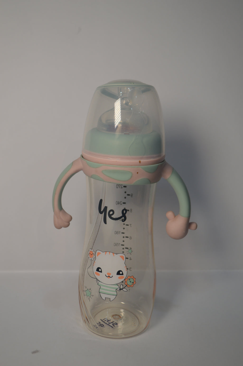 Cute Kitty Anti-Colic Baby Feeding Bottle with Comfort Trainer Handles (Mint Green &amp; Pink, 300ml)