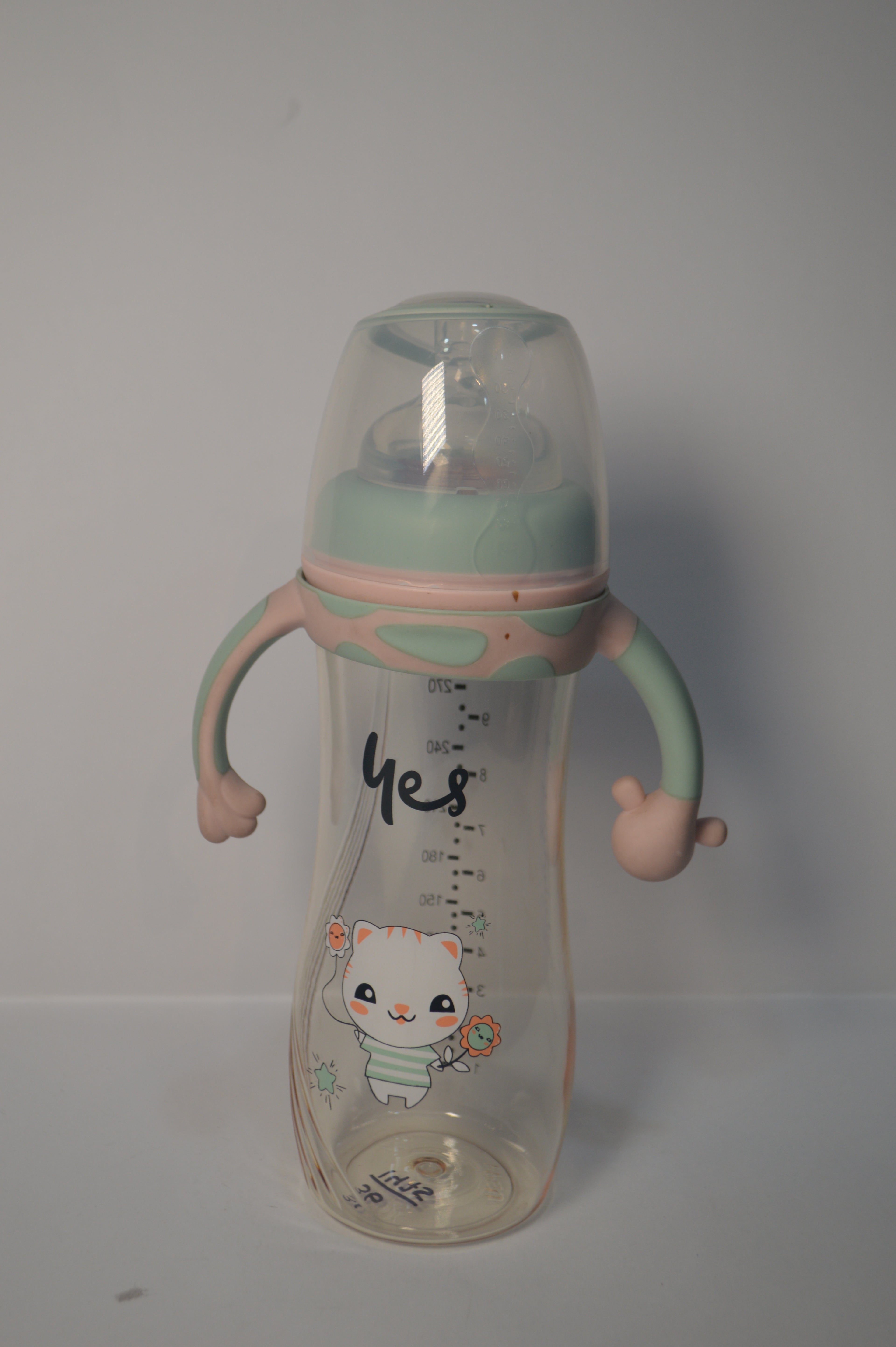 Cute Kitty Anti-Colic Baby Feeding Bottle with Comfort Trainer Handles (Mint Green &amp; Pink, 300ml)