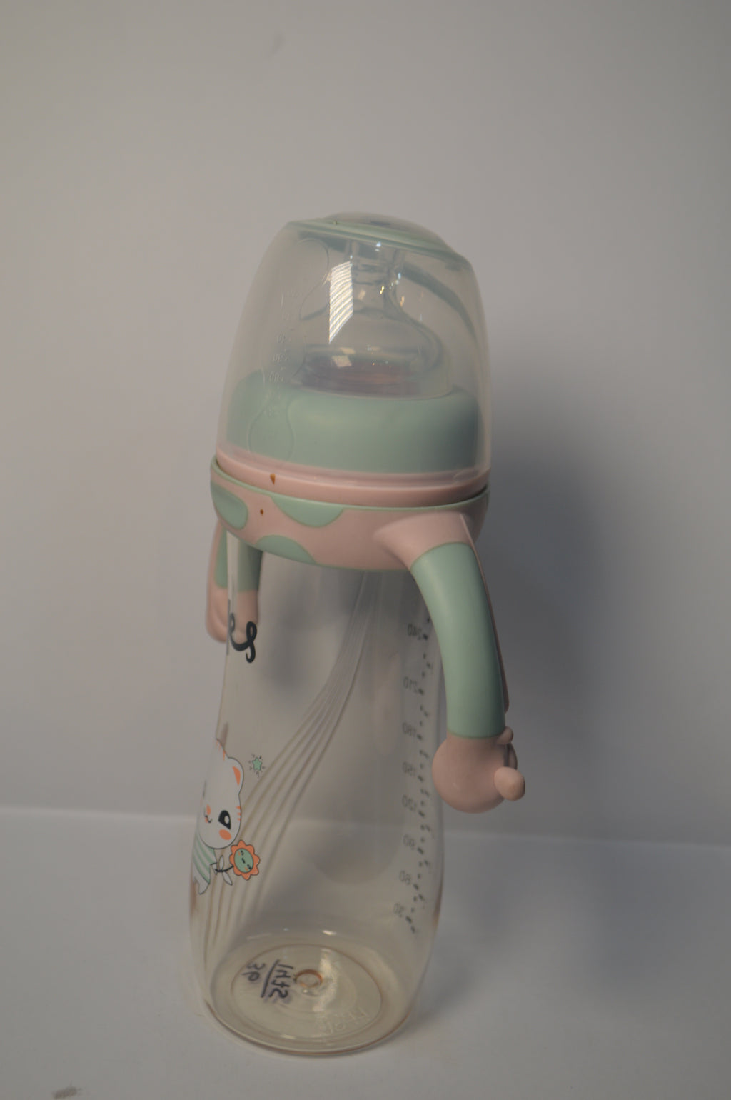 Cute Kitty Anti-Colic Baby Feeding Bottle with Comfort Trainer Handles (Mint Green &amp; Pink, 300ml)