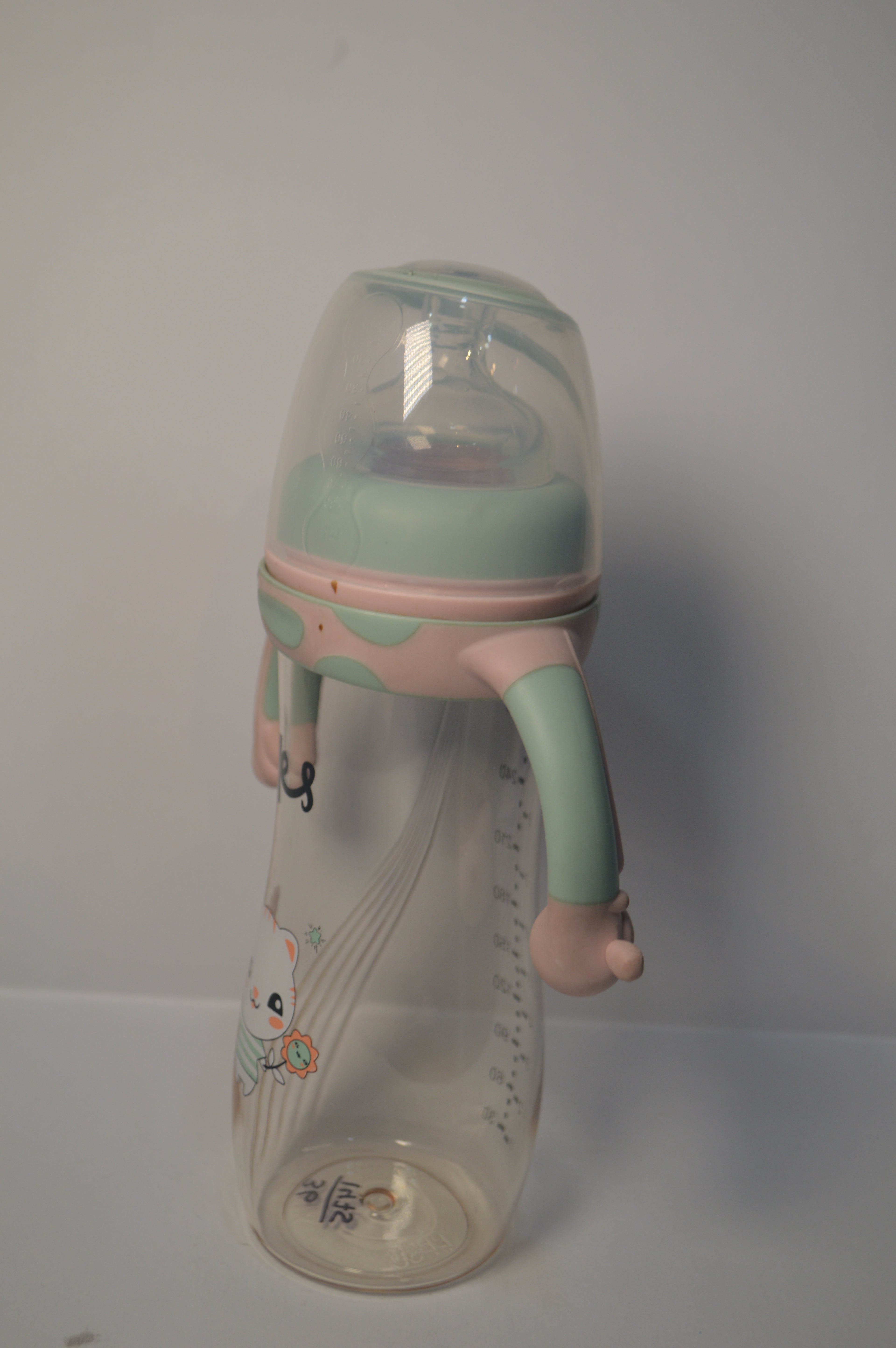 Cute Kitty Anti-Colic Baby Feeding Bottle with Comfort Trainer Handles (Mint Green &amp; Pink, 300ml)