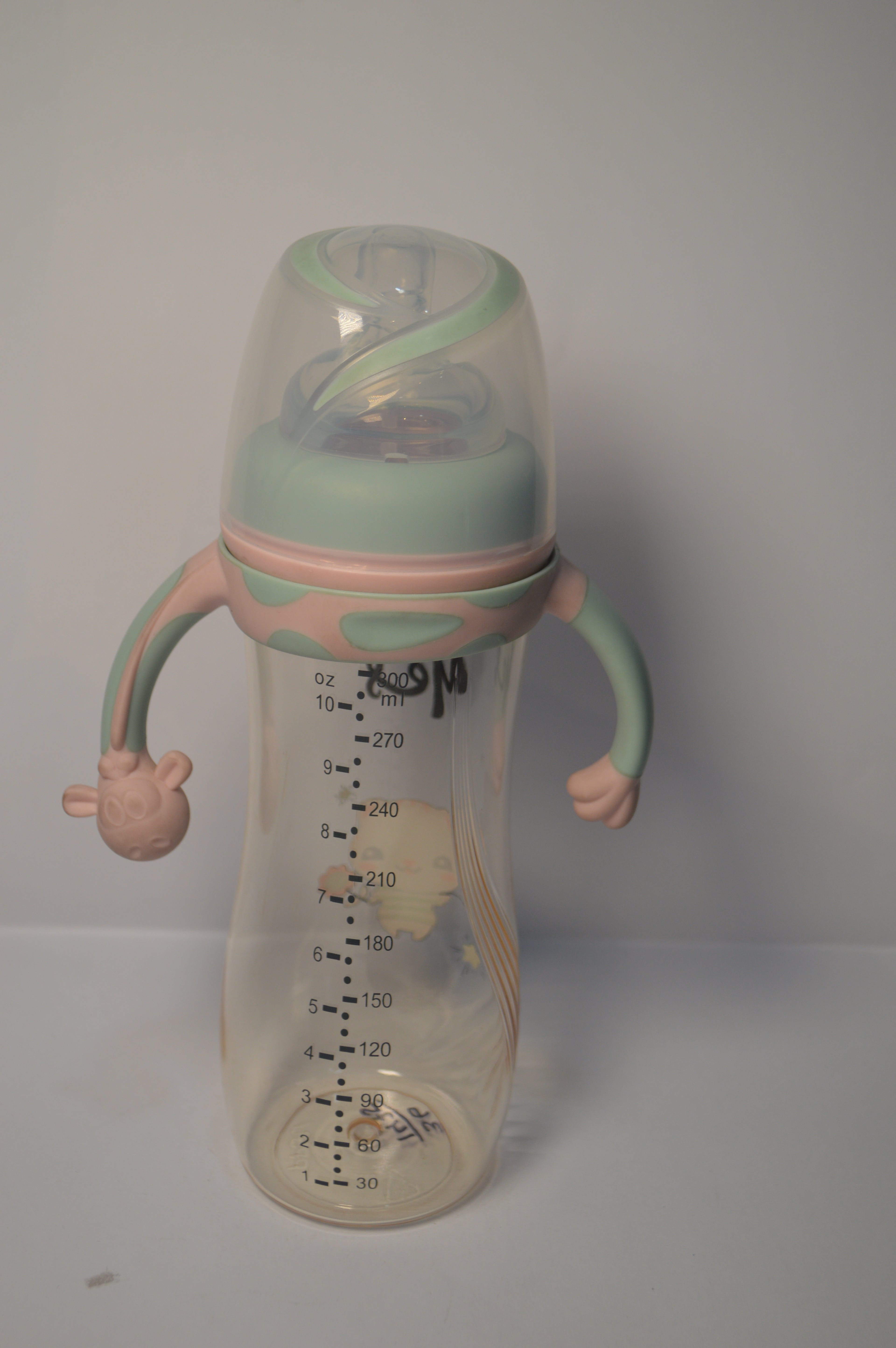 Cute Kitty Anti-Colic Baby Feeding Bottle with Comfort Trainer Handles (Mint Green &amp; Pink, 300ml)
