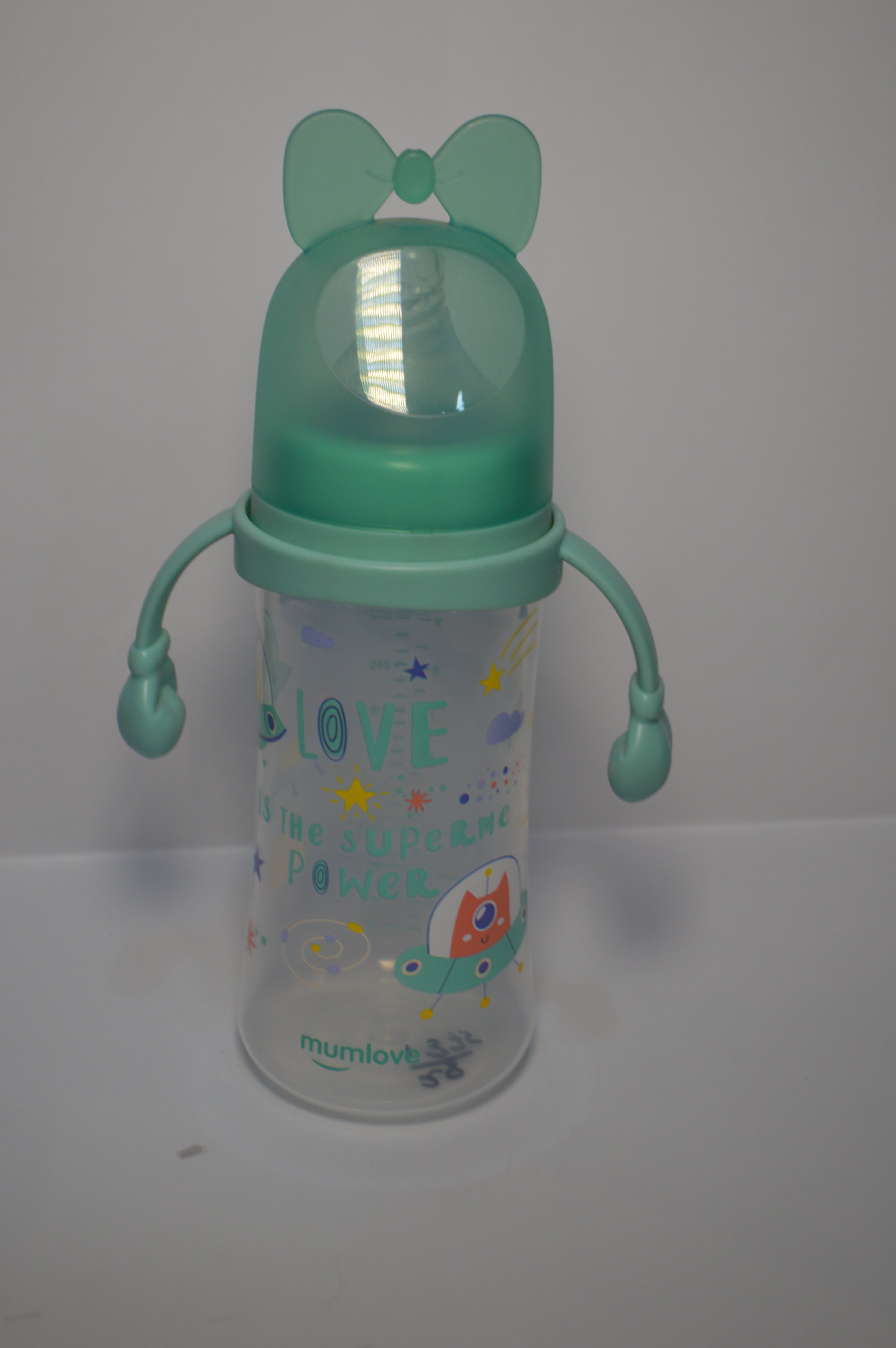 Mumlove "Love is Super Power" Large Capacity Baby Transition Bottle with Easy-Grip Handles (Mint Green, 330ml)