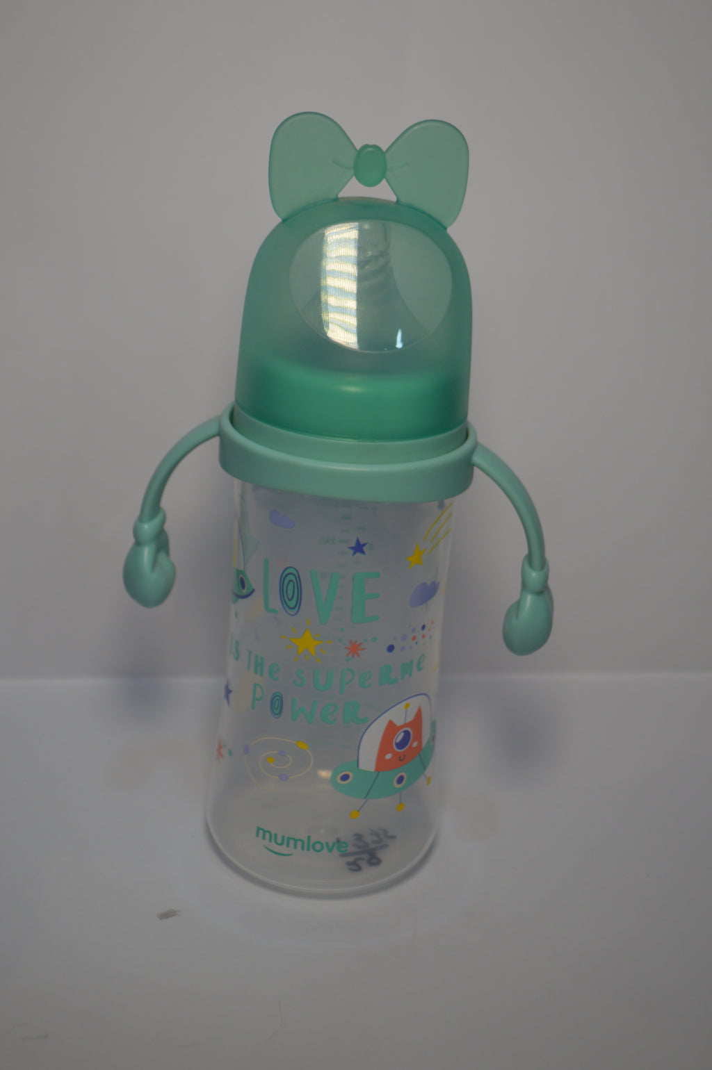 Mumlove "Love is Super Power" Large Capacity Baby Transition Bottle with Easy-Grip Handles (Mint Green, 330ml)