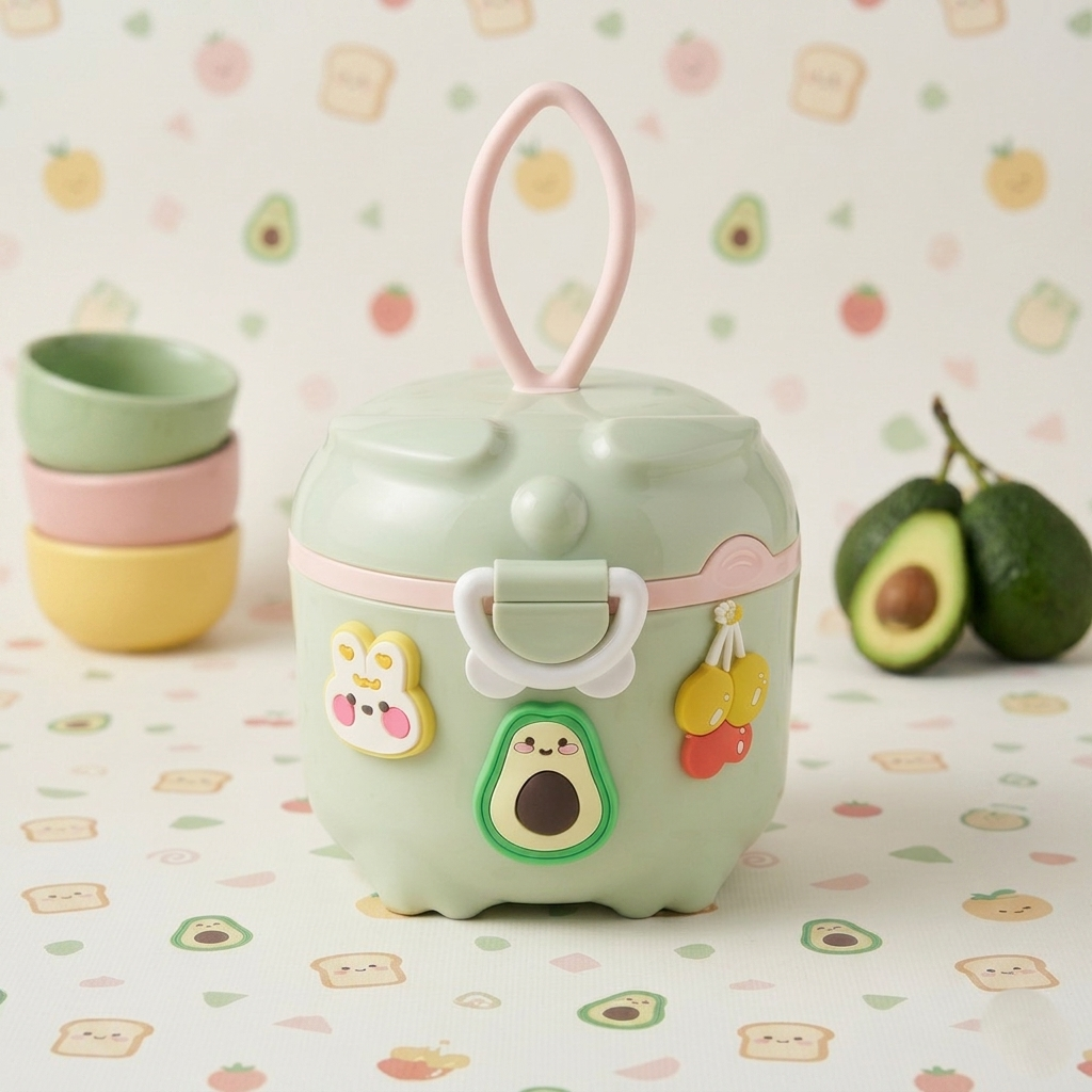 Avocado-Friend Portable Kids Snack Box – Airtight Milk Powder Dispenser with Silicone Loop Handle