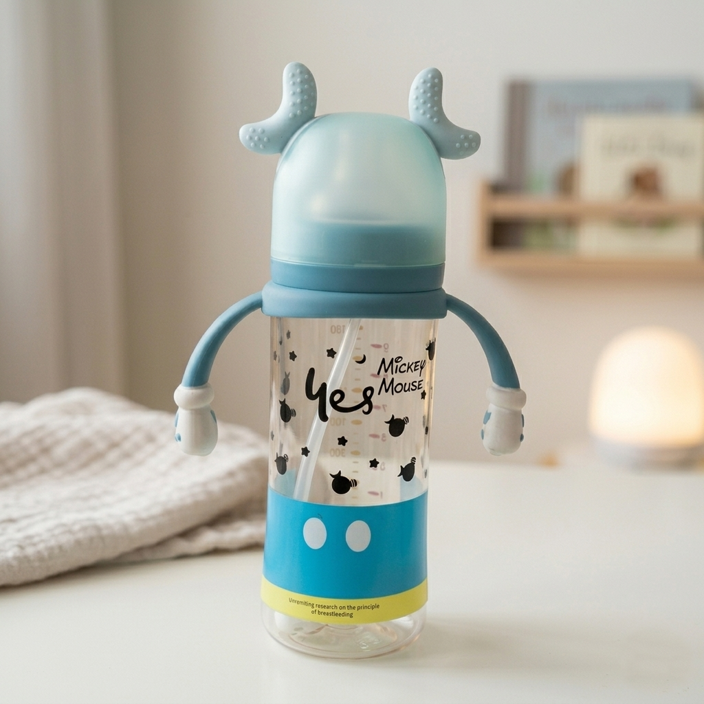 Mickey Mouse Inspired Baby Straw Bottle with Easy-Grip Glove Handles &amp; Teething Cap (Blue, 300ml)