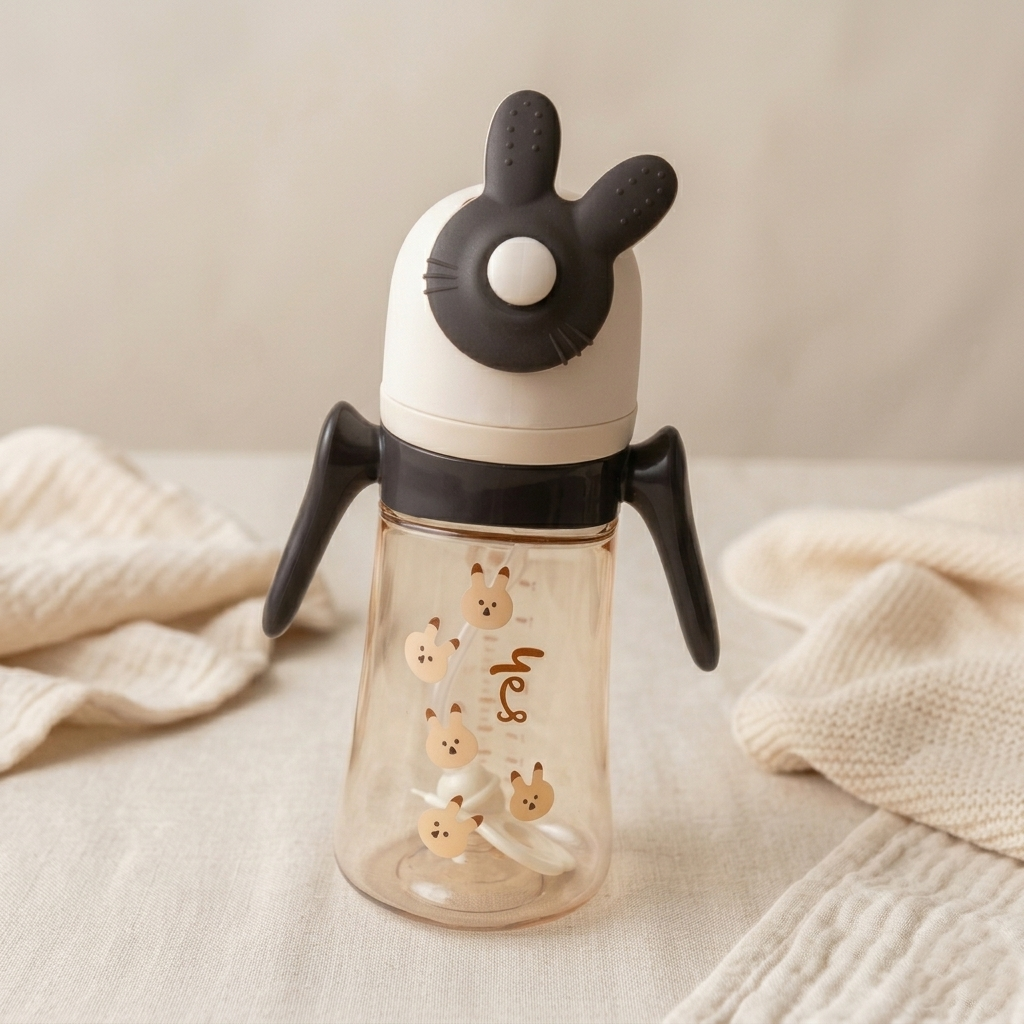 Little Bunny Easy-Grip Baby Sippy Cup with Straw &amp; Weighted Ball – Dark Brown/Cream (300ml)