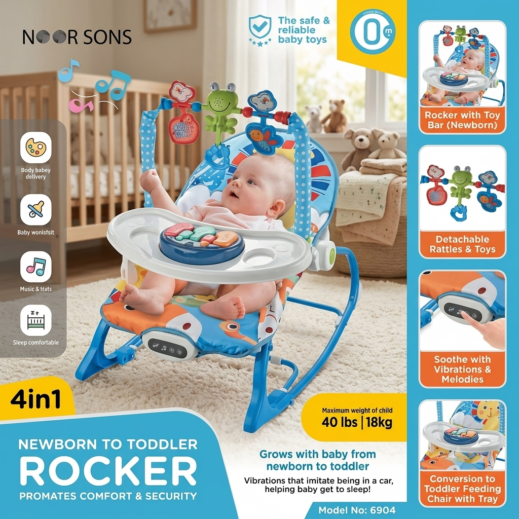 Noor Sons Deluxe 4-in-1 Baby Rocker – Soothing Vibrating Infant Lounger and Musical Play Chair