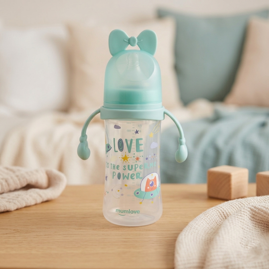 Mumlove "Love is Super Power" Large Capacity Baby Transition Bottle with Easy-Grip Handles (Mint Green, 330ml)