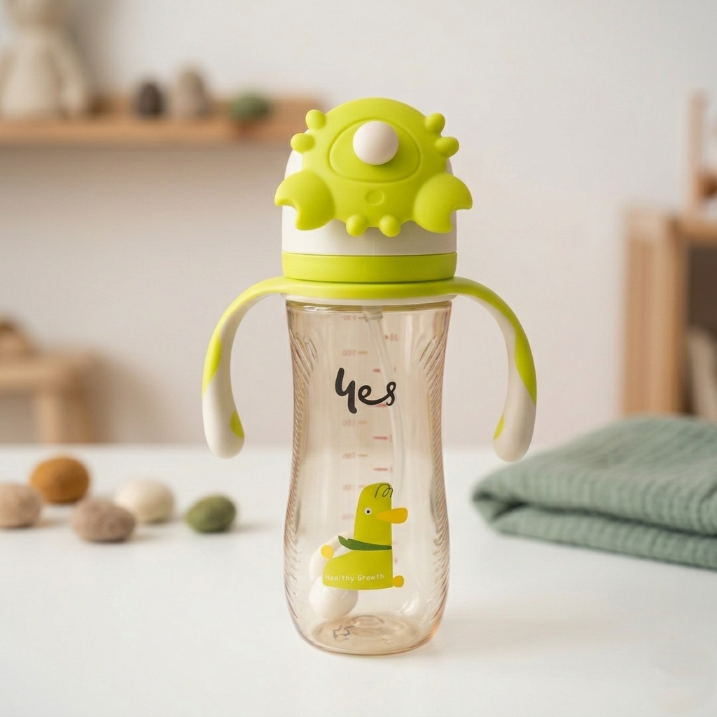 Little Duck Large Capacity Baby Straw Bottle with Crab-Style Flip Cap &amp; Easy-Grip Handles (Lime Green, 300ml)