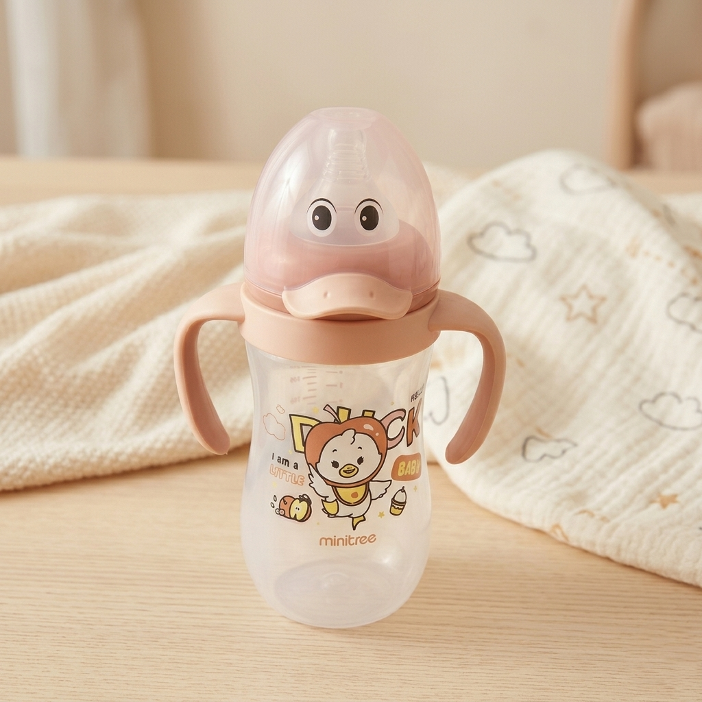 Minitree "Little Duck" Baby Feeding Bottle with Twin Handles – Peach Pink (240ml)
