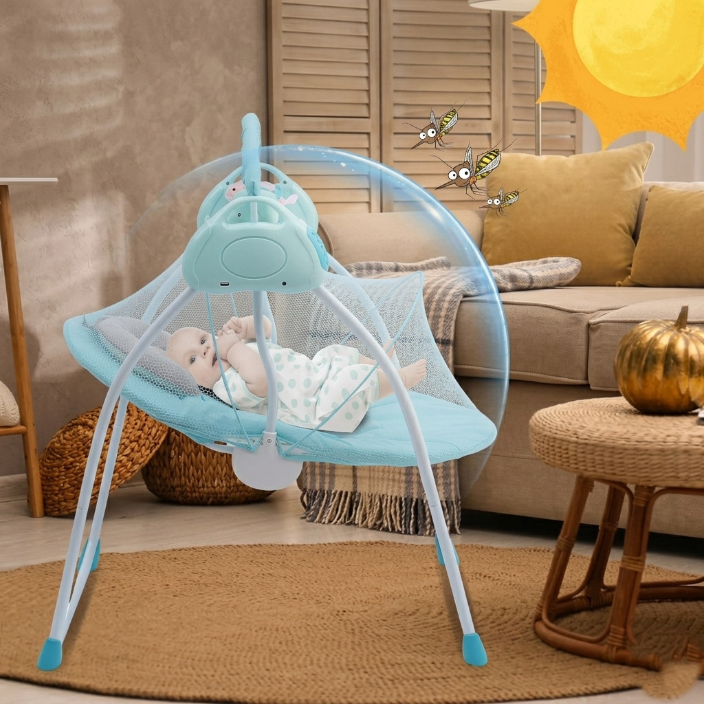Deluxe Automatic Baby Glider Bed – Compact Folding Infant Swing &amp; Lounger with Protective Canopy Screen