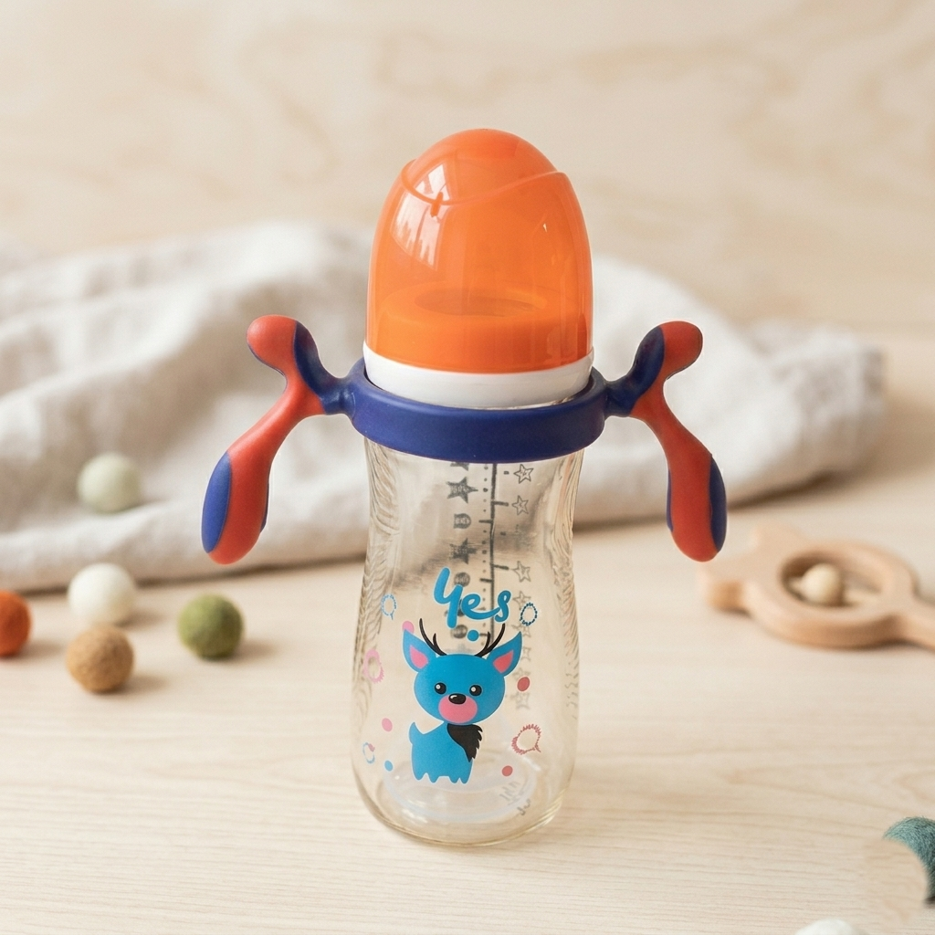Ergonomic Cartoon Deer Baby Bottle – Blue &amp; Orange Large Infant Cup with Handles (330ml)