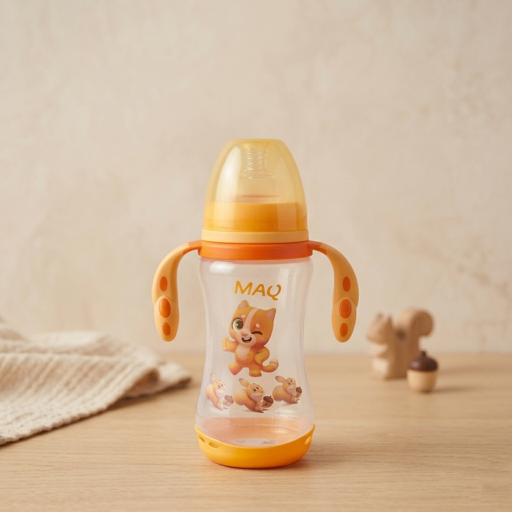 MAQ Playful Kitten Baby Feeding Bottle with Paw-Grip Trainer Handles (Yellow/Orange, 300ml)