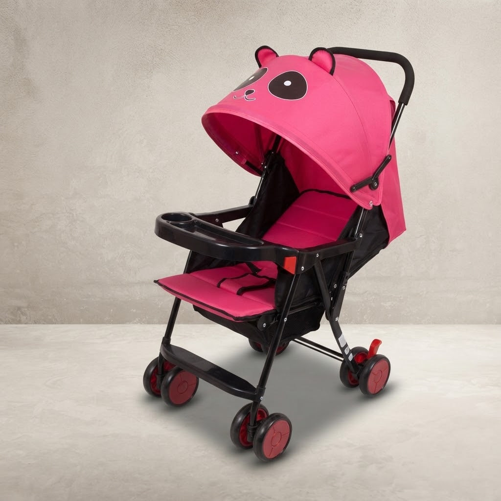 Angled view of pink baby stroller with feeding tray and cup holder