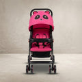Pink baby stroller with panda face canopy, front view