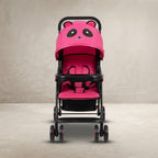 Pink baby stroller with panda face canopy, front view