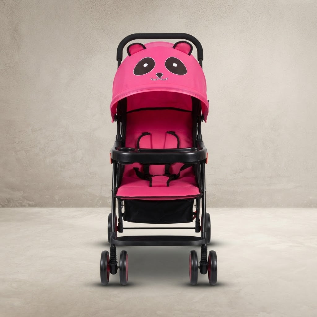 Pink baby stroller with panda face canopy, front view