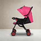 Side view of pink panda baby stroller with storage basket