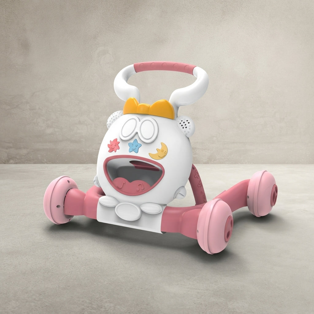 Angled view of musical bear-design baby push walker