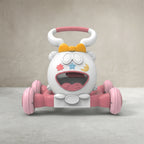 Pink and white musical baby push walker with bear face, front view