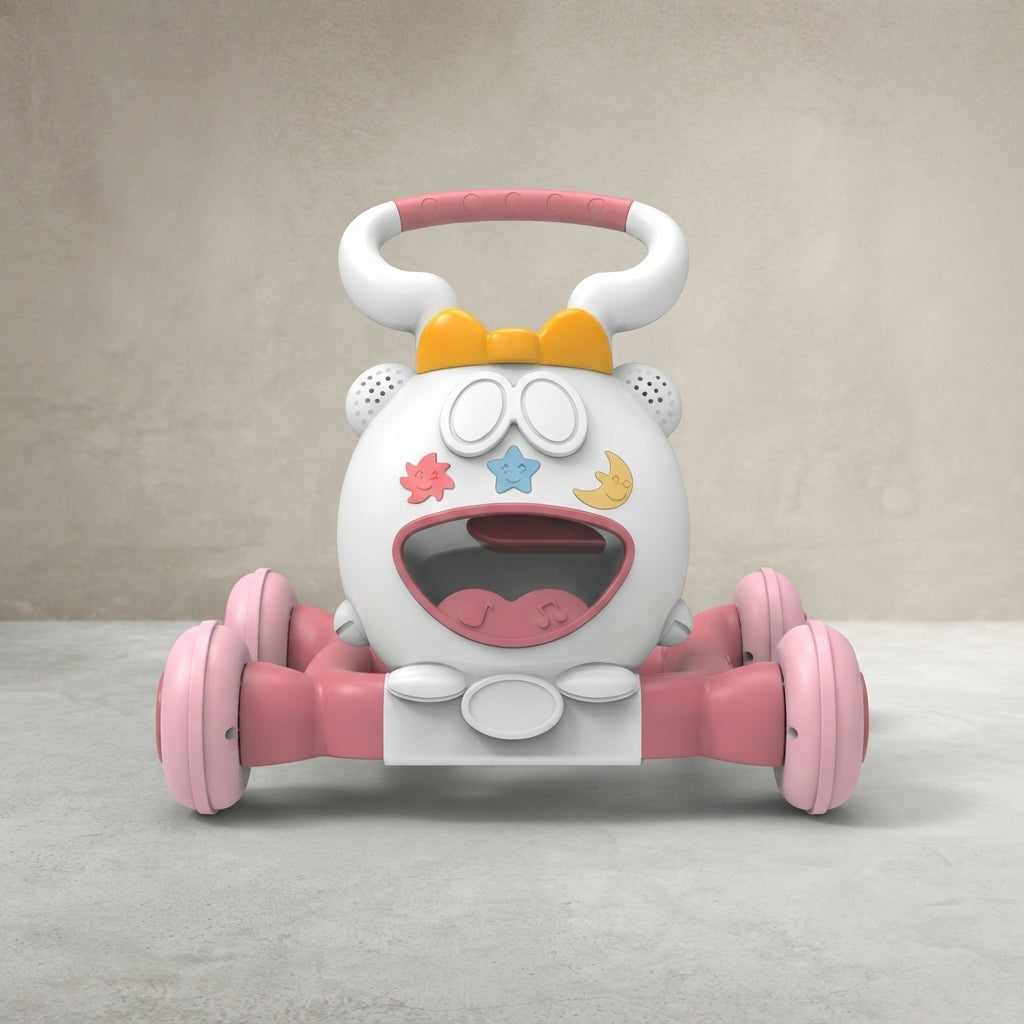 Pink and white musical baby push walker with bear face, front view