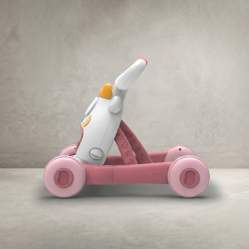Side view of bear-face baby walker with pink wheels