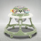 Sage green baby walker with bunny toy tray, front view