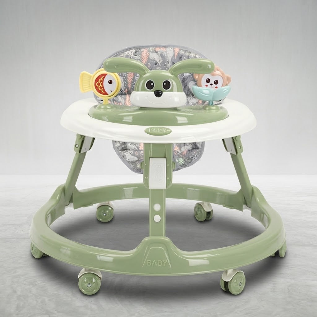 Sage green baby walker with bunny toy tray, front view