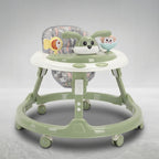 Side view of bunny-design baby walker with jungle-print seat