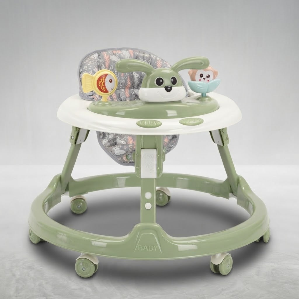 Side view of bunny-design baby walker with jungle-print seat