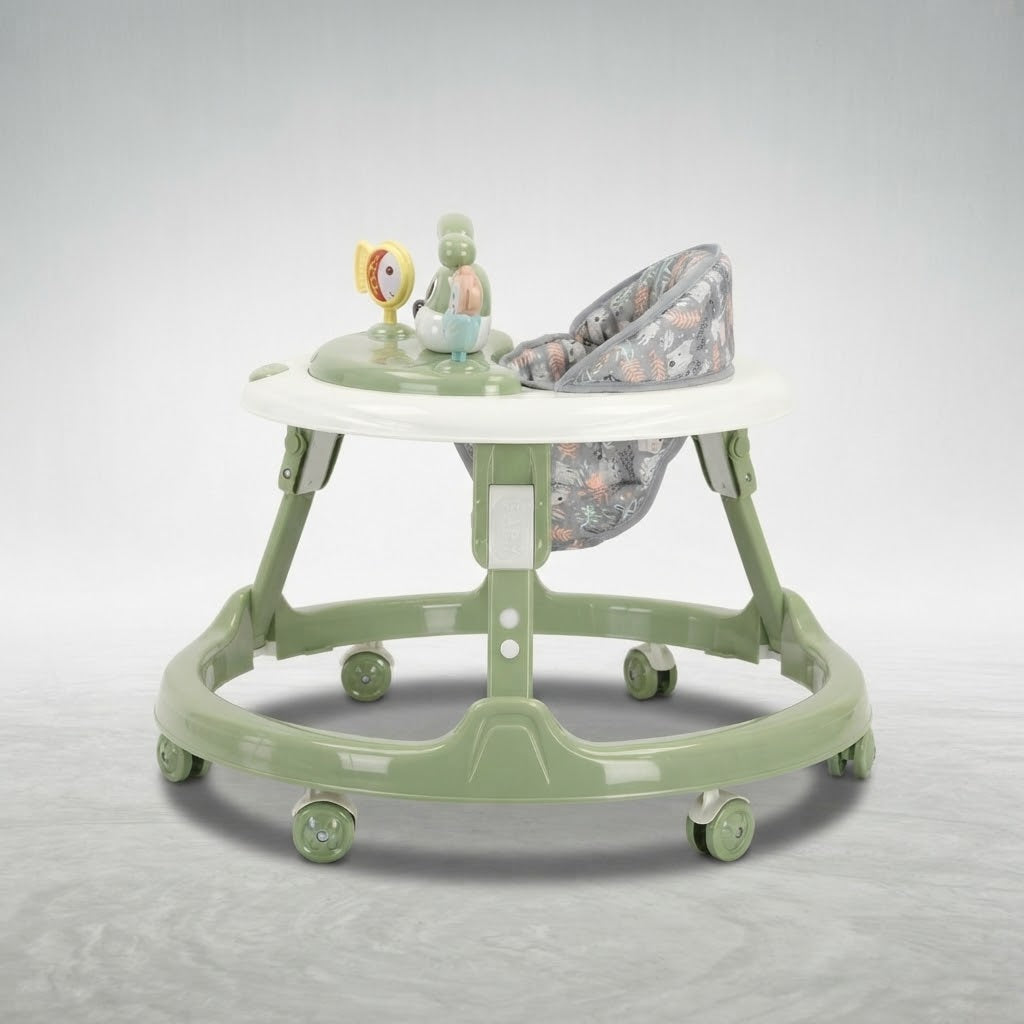 Side view of bunny-design baby walker with jungle-print seat