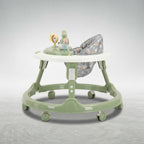 Side view of bunny-design baby walker with jungle-print seat