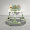3/4 view of green baby walker with elephant and monkey toys